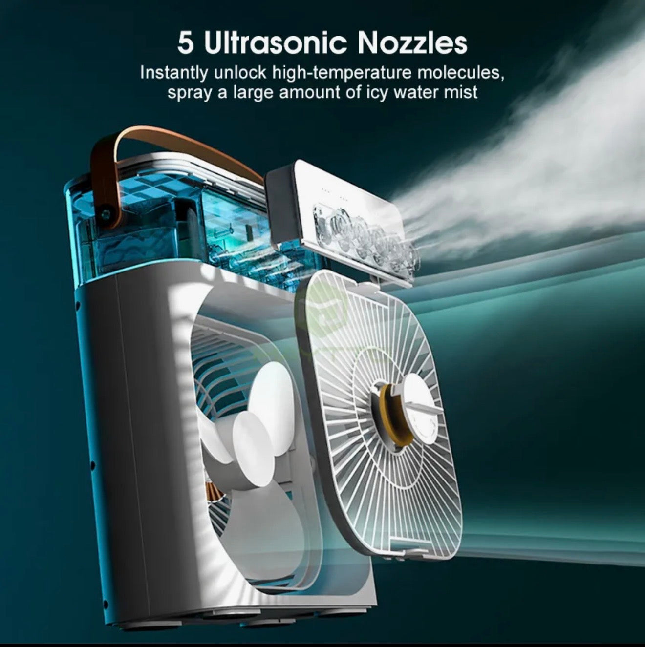 Portable Air Conditioner Mist Fan Big Size | 3-in-1 Mini AC Fan for Room Air Cooler with Ice & Humidifier | USB Electric Fan with Ice Water Mist | LED Lights | Adjustable Wind Speed | Small Desktop Cooling Fan for Room, Office & Home | 10inches