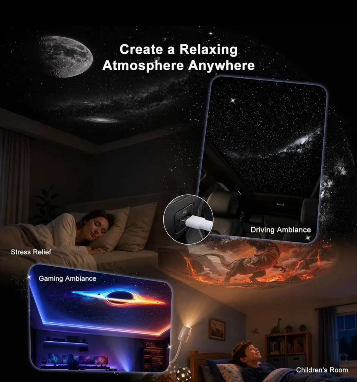 Galaxy Star Projector – USB Night Light with 360° Rotation & 12 Scenes