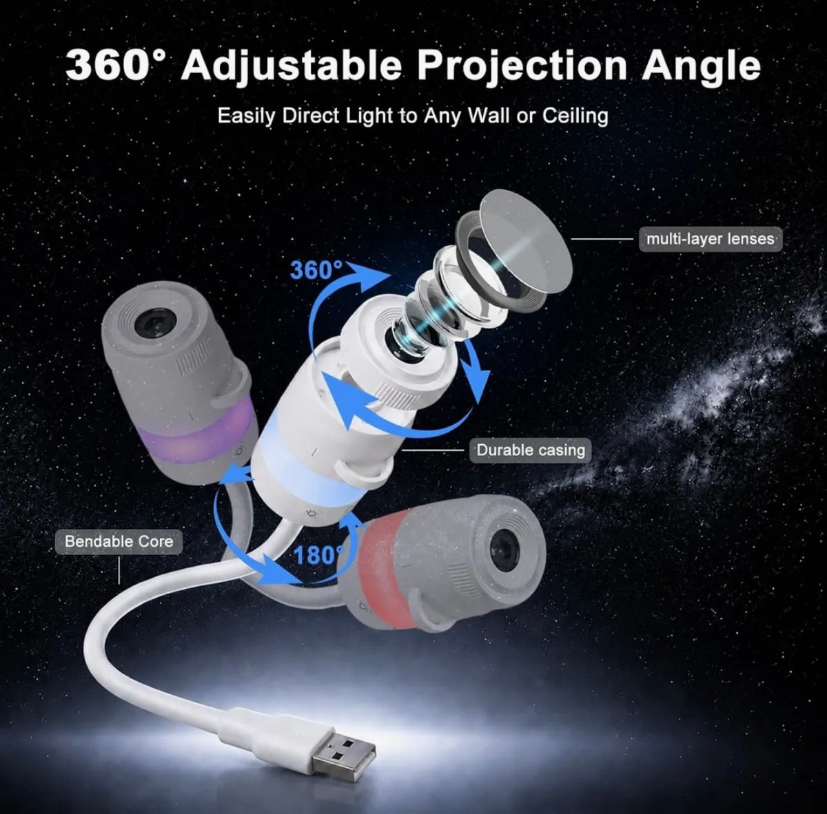 Galaxy Star Projector – USB Night Light with 360° Rotation & 12 Scenes