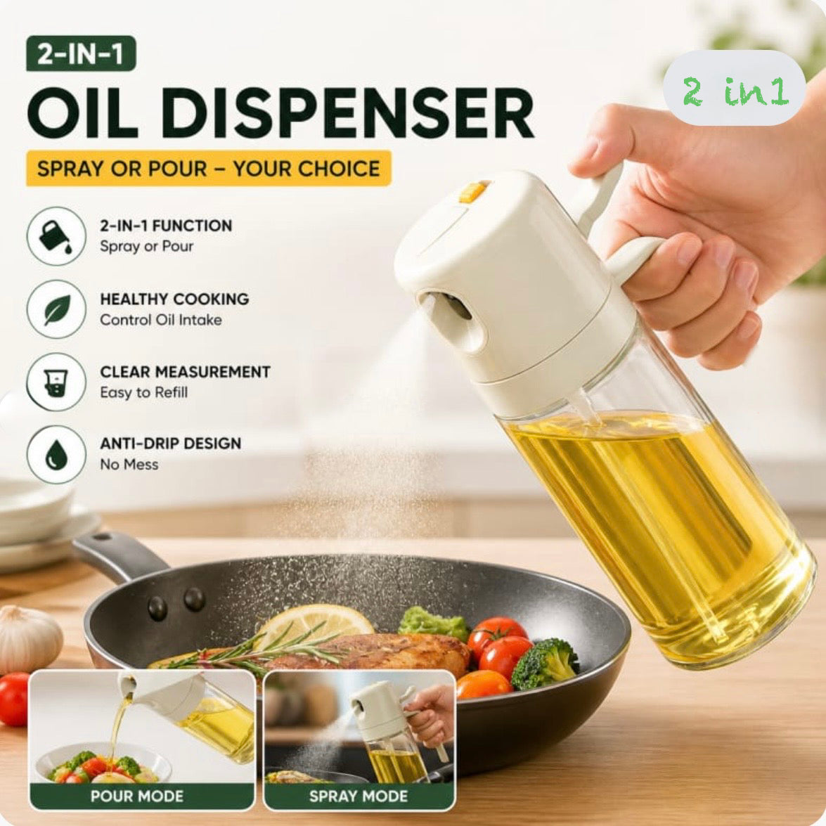 2 in 1 Oil Spray Jug | Oil Sprayer & Pour Dispenser | Cooking Oil Spray Bottle | Kitchen Oil Control Jug