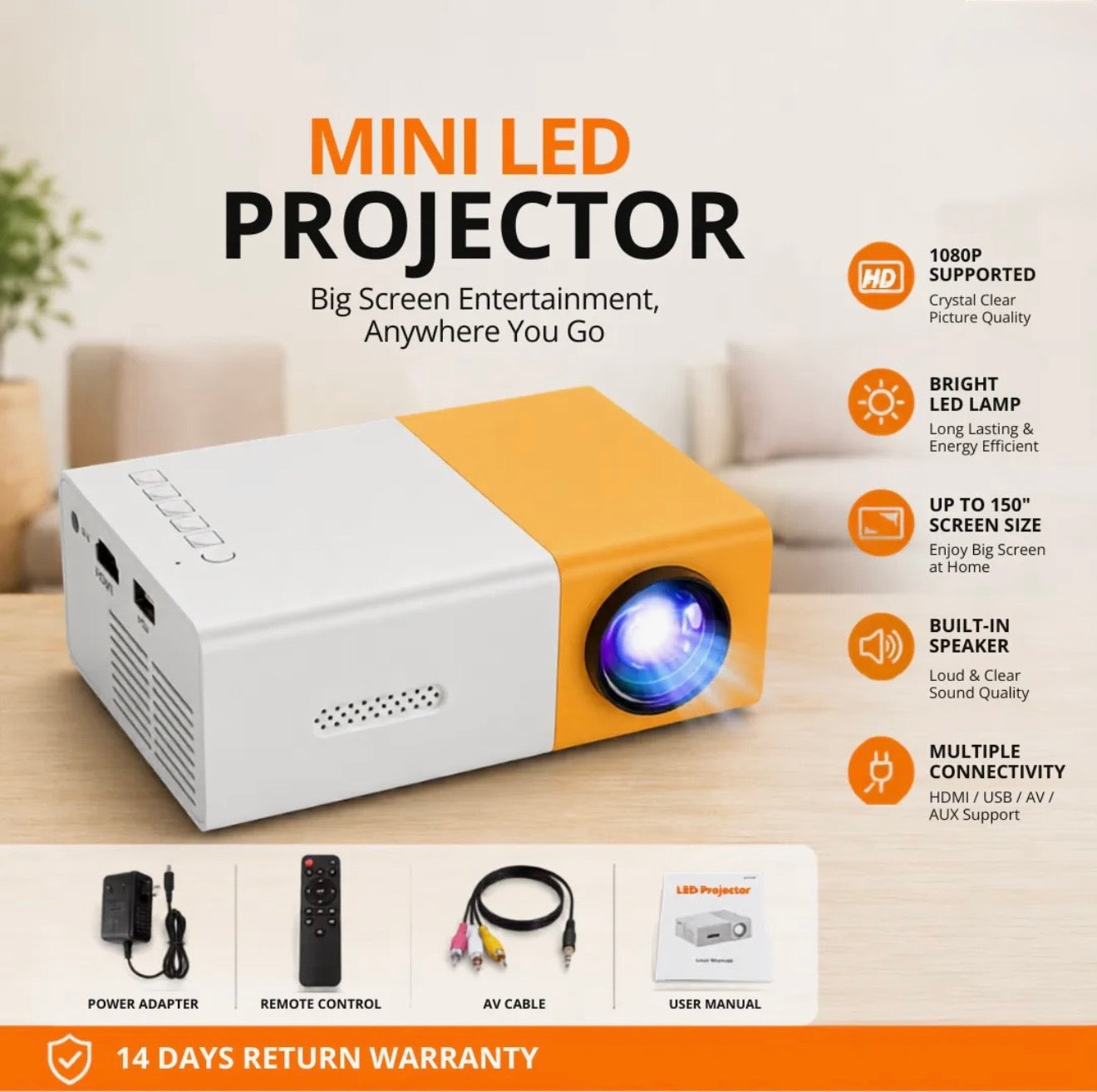 Mini Projector YG300 – Portable 1080P LED Projector with HDMI, USB, AV and TF Card – Wireless Connectivity for Movies, Gaming and Presentations at Home