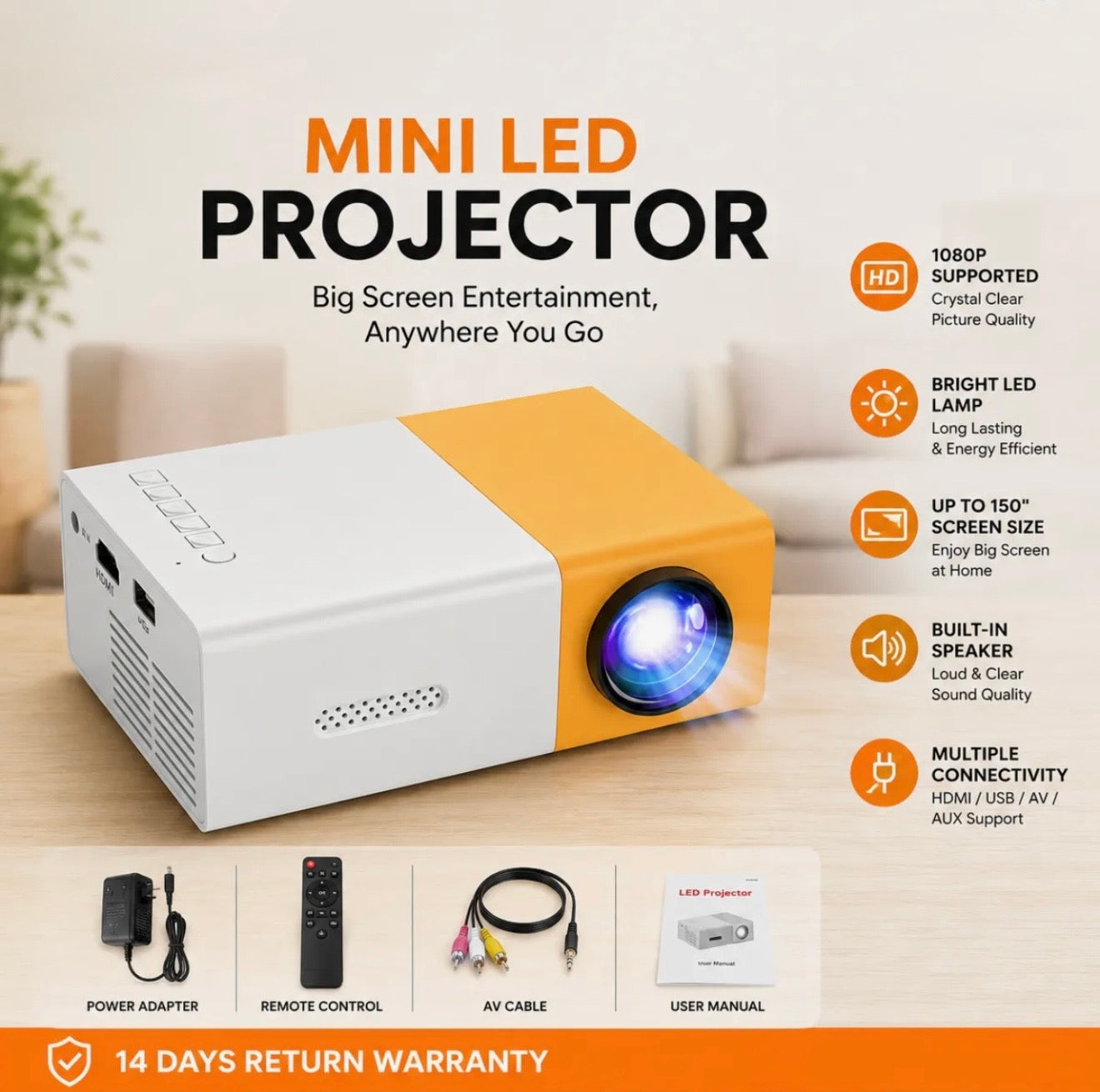 Mini Projector YG300 – Portable 1080P LED Projector with HDMI, USB, AV and TF Card – Wireless Connectivity for Movies, Gaming and Presentations at Home