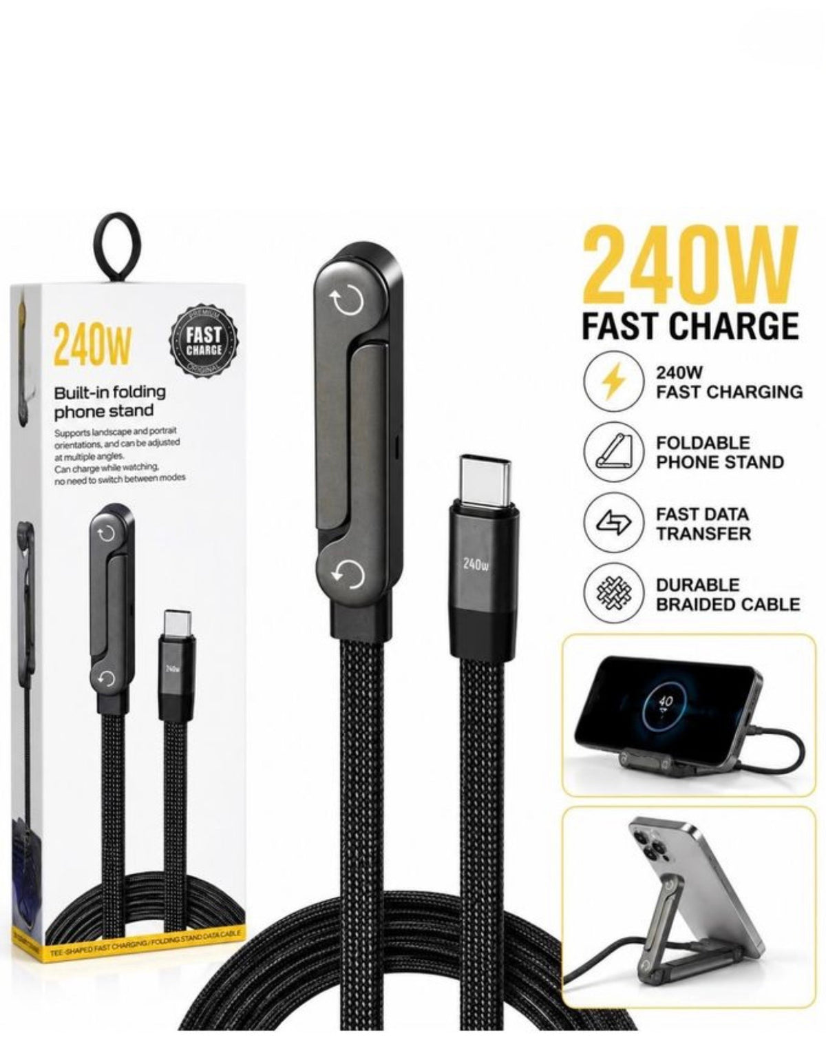FlexCharge Pro 240W USB-C Cable with Built-in Foldable Stand