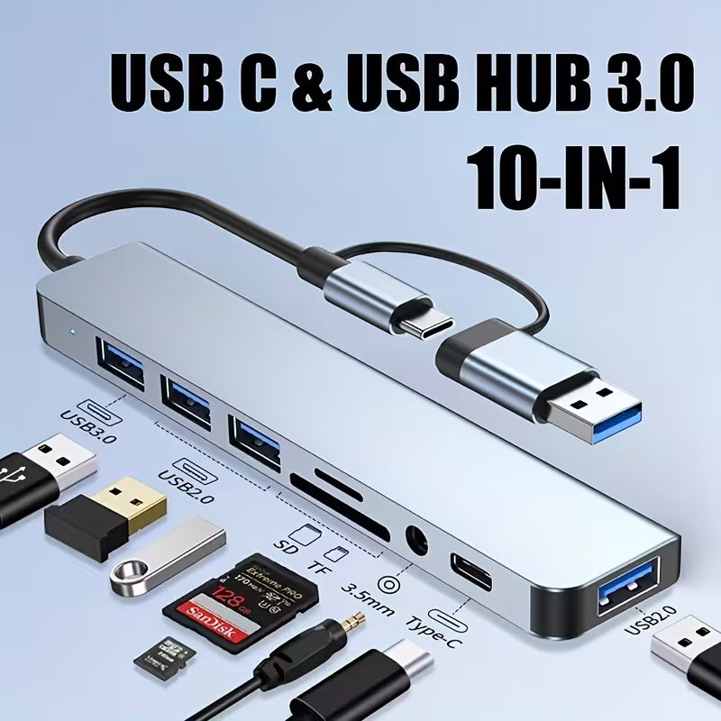 10-in-1 USB-C Multi-Port Hub – USB 3.0 Docking Station with SD/TF Card Reader, Audio & Type-C Charging
