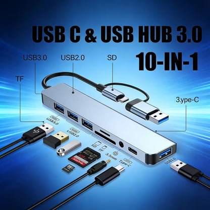 10-in-1 USB-C Multi-Port Hub – USB 3.0 Docking Station with SD/TF Card Reader, Audio & Type-C Charging